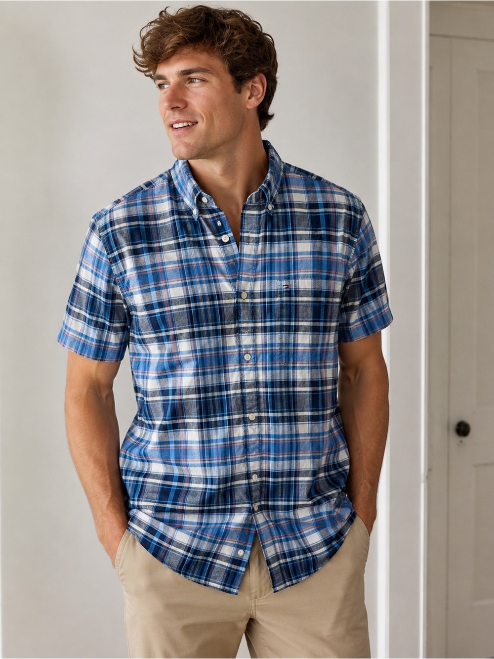 Tommy Hilfiger Preppy Y2K Classic Blue Plaid Short-Sleeve Button-Down Shirt. L